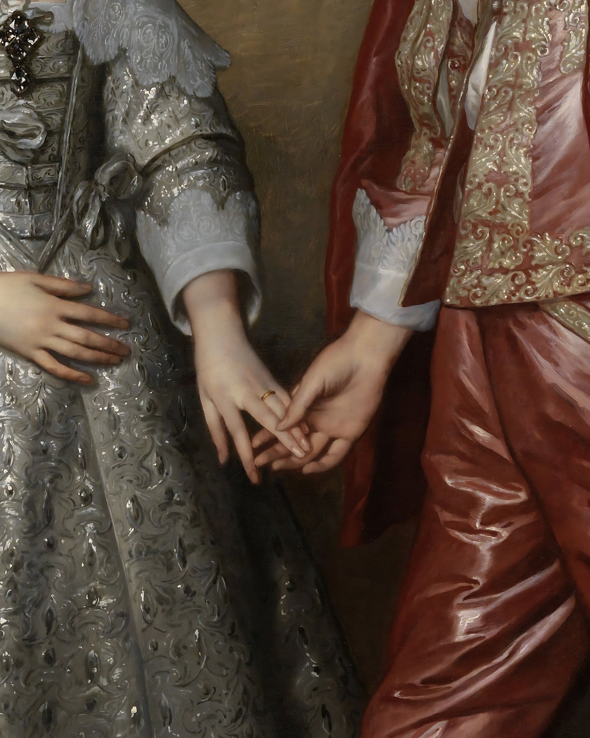 Two hands meeting, detail of Anthony van Dyck’s portrait of William II and Mary Stuart, 1641